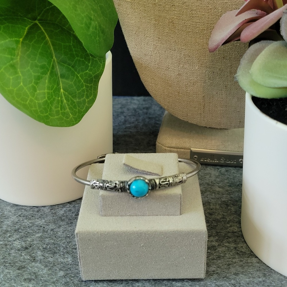 Southwestern Turquoise Color Cabochon Antiqued Open Cuff Bracelet 6.75"